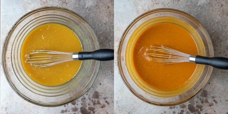 Glass mixing bowl with pumpkin cake batter