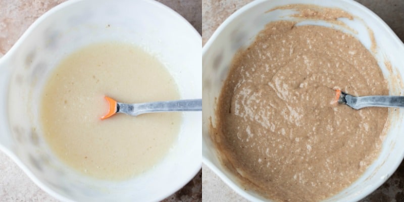 Caramel Apple Cobbler Cake batter in a white mixing bowl