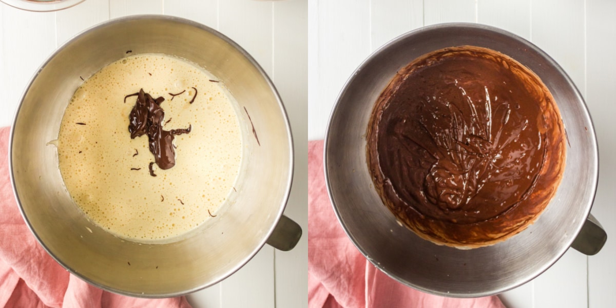 beaten egg and melted chocolate in a silver mixing bowl