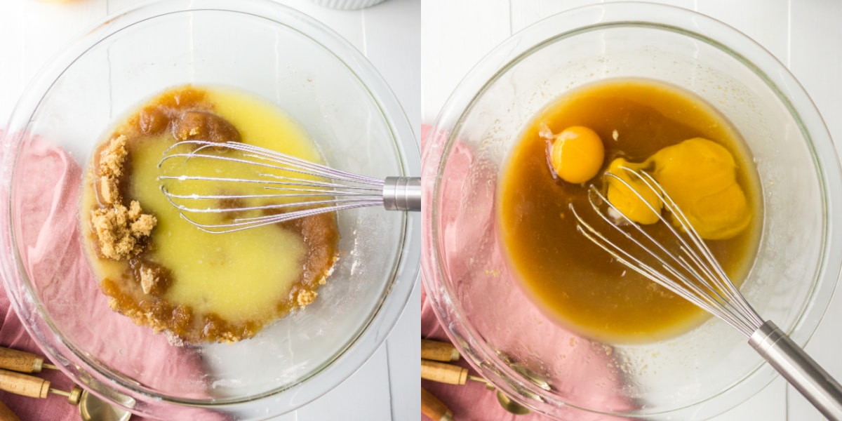 melted butter and sugar in a glass mixing bowl