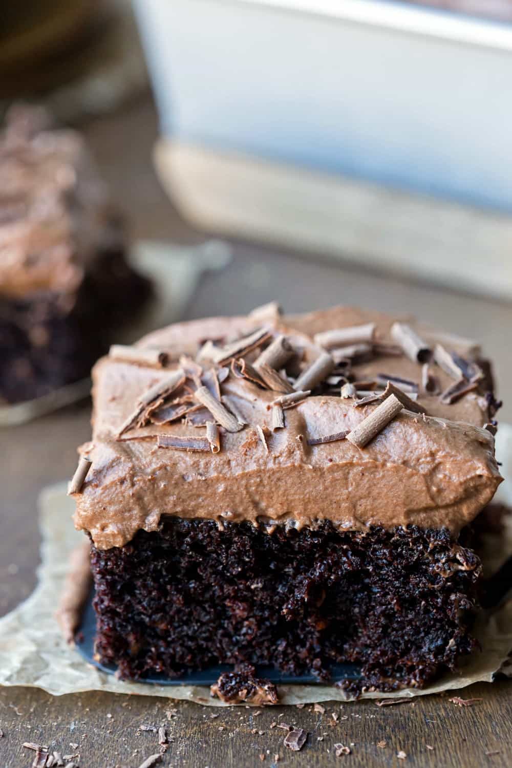 Chocolate Mousse Cake topped with chocolate shavings and curls