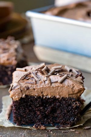 Chocolate Mousse Cake in front of a pan of cake.