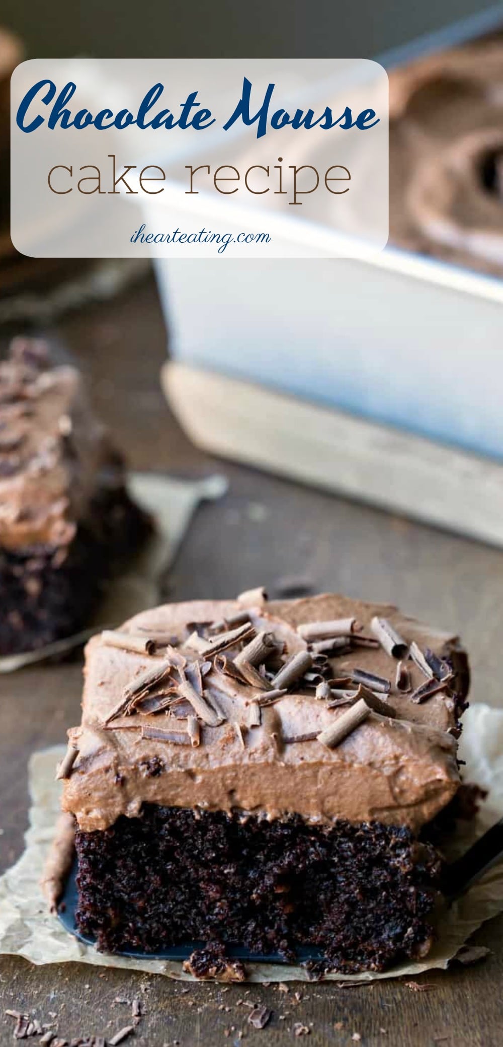 This easy chocolate mousse cake recipe makes a moist dark chocolate cake that's topped with a simple, easy chocolate mousse. #chocolate #cake #chocolatemousse #dessert #recipe #best #sheetcake