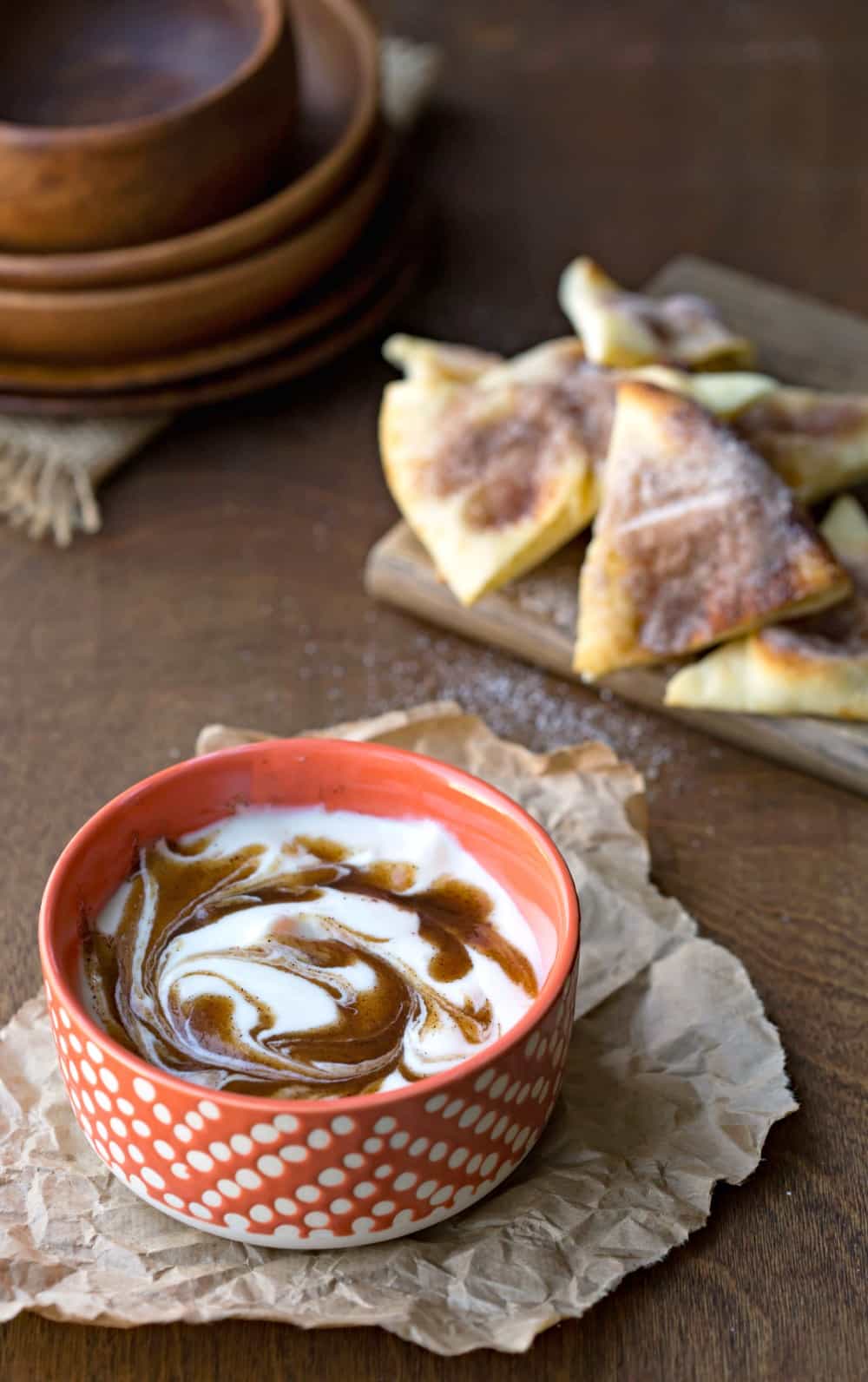 Cinnamon Roll Dip with Cinnamon Sugar Naan Chips