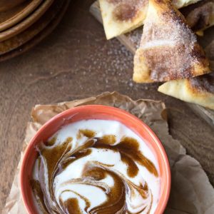 Cinnamon Roll Dip with Cinnamon Sugar Naan Chips