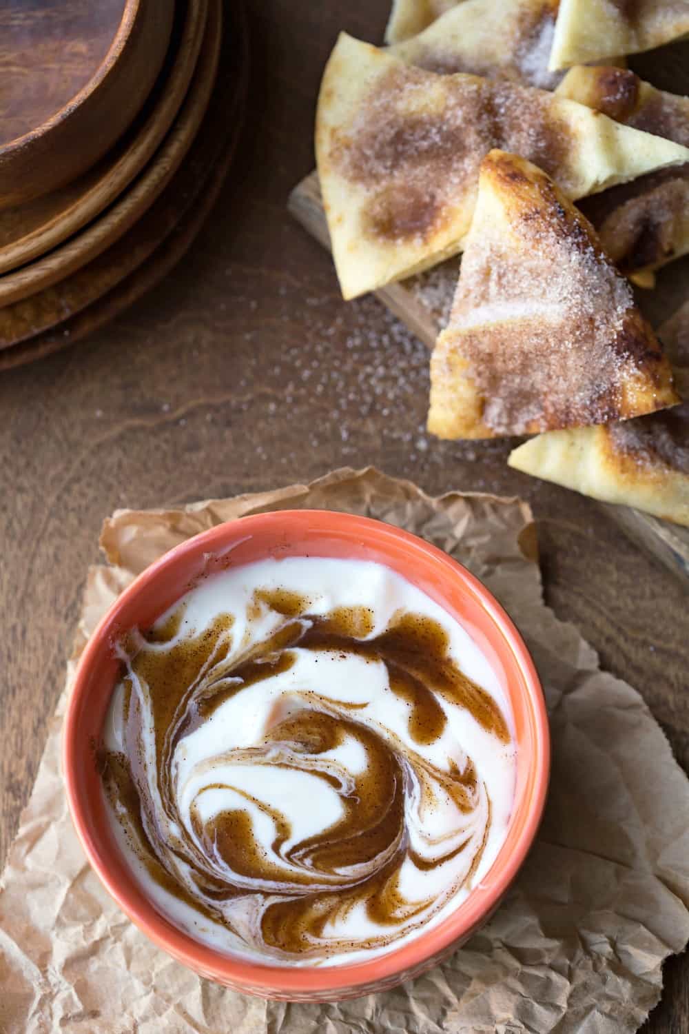 Cinnamon Roll Dip with Cinnamon Sugar Naan Chips