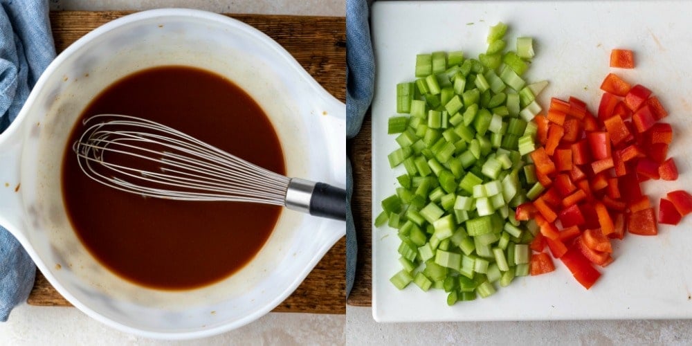 Cashew chicken sauce in a white mixing bowl