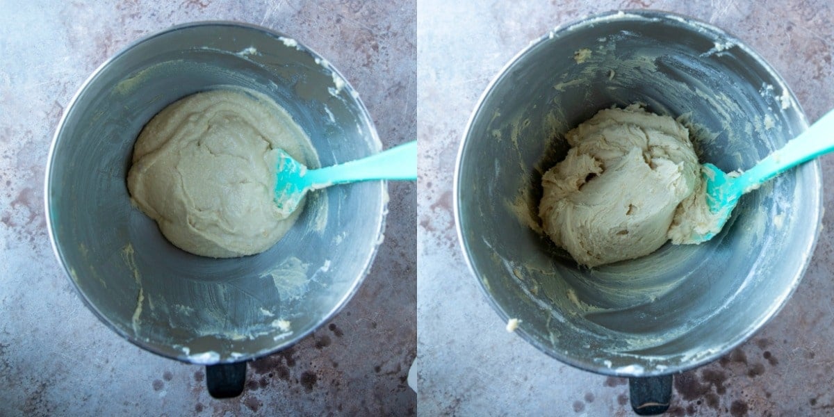 Sour cream sugar cookie dough in a silver mixing bowl