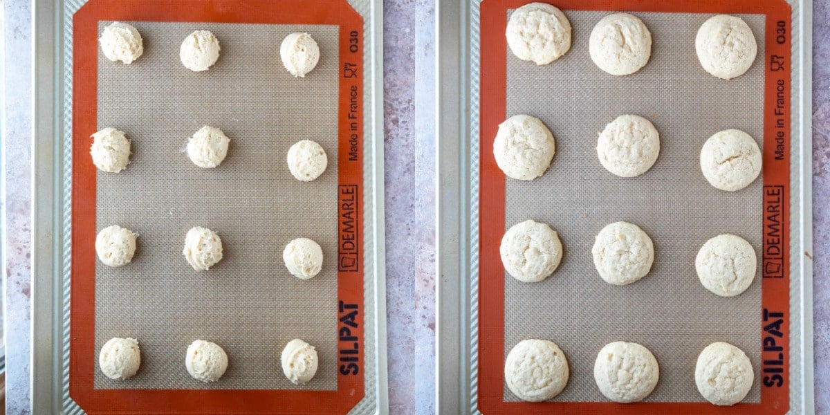 Baked and unbaked sugar cookies on a baking sheet