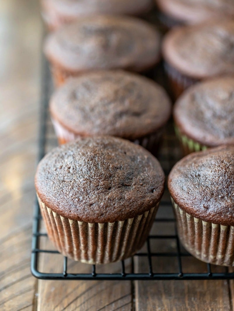 Unfrosted chocolate cupcakes on a cooling rack