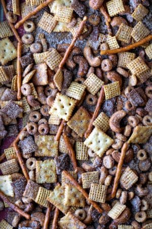 Close up photo of cinnamon sugar chex mix