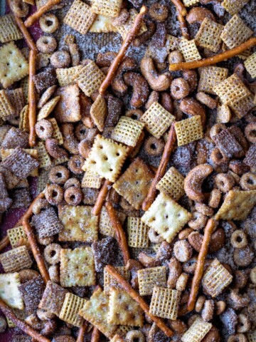 Close up photo of cinnamon sugar chex mix