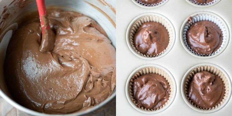 Chocolate cupcake batter in a silver mixing bowl