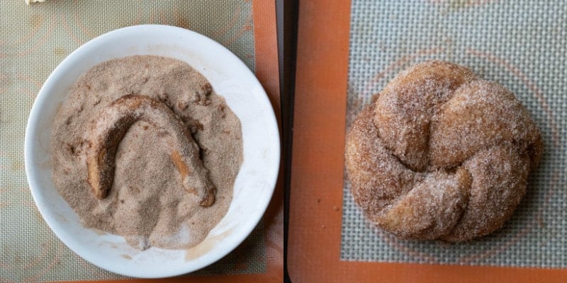 Dough in a dish of cinnamon sugar