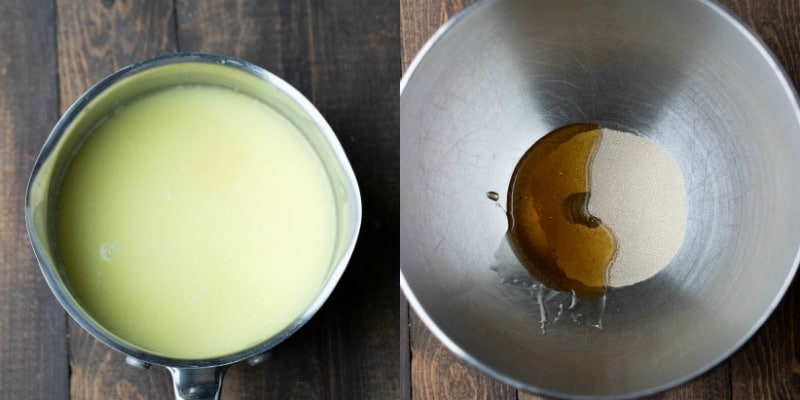 Honey and yeast in a silver mixing bowl