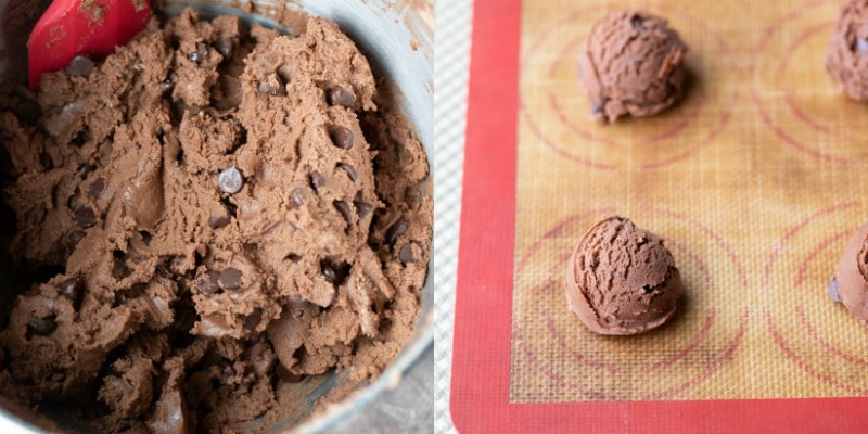 Nutella cookie dough scoops on a silicone baking mat