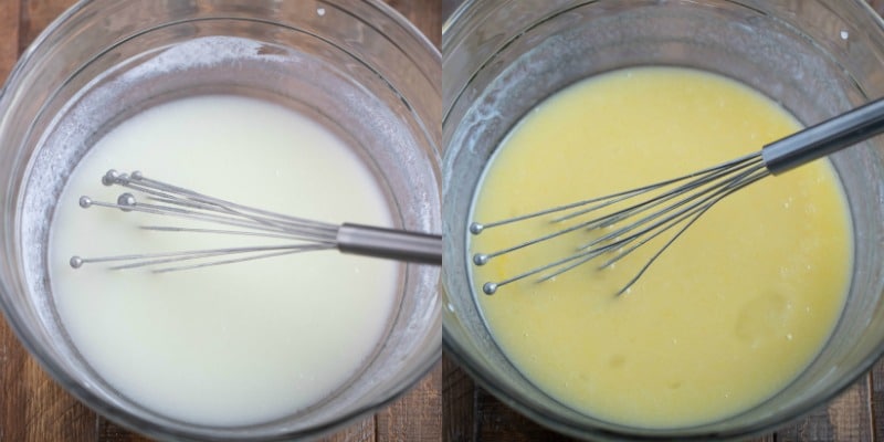 Buttermilk and oil in a mixing bowl for carrot cake.