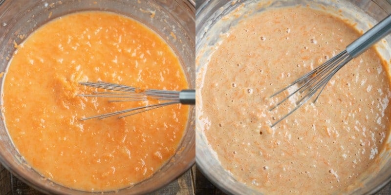 Carrot cake batter in a glass mixing bowl.
