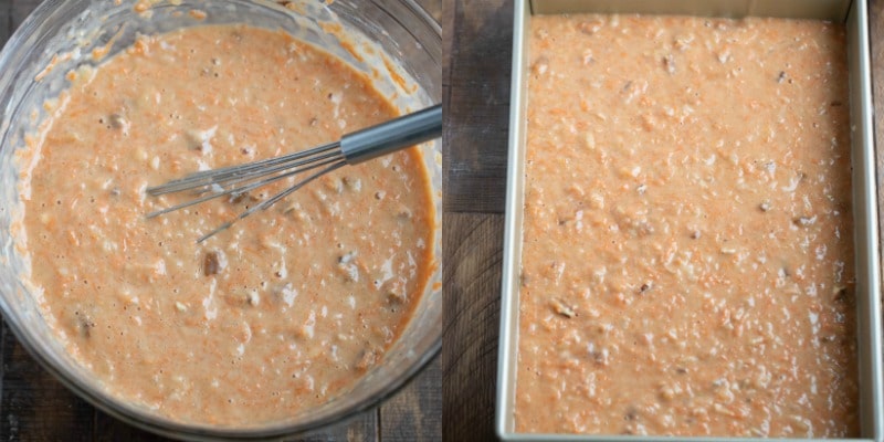 Carrot cake batter in a rectangular baking pan.