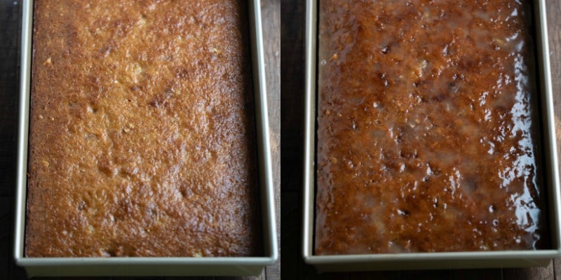 Glazed carrot cake in a pan.