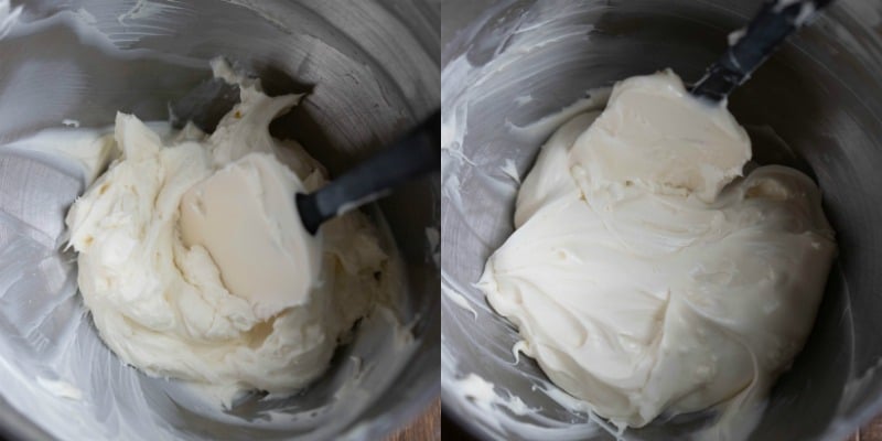 Cream cheese in a mixing bowl for cream cheese frosting.