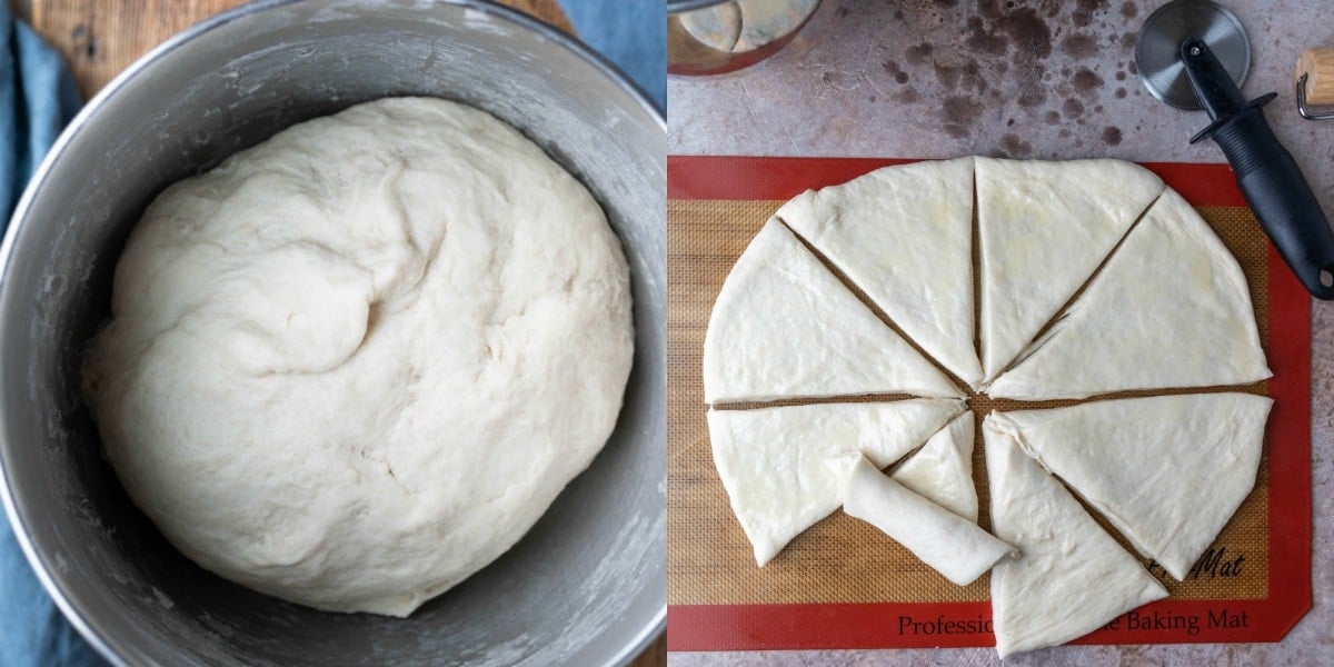 risen dough in a silver mixing bowl