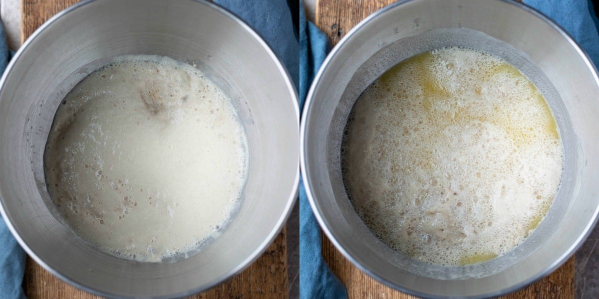 water and yeast in a silver mixing bowl