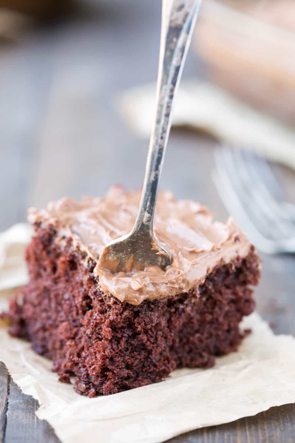 Chocolate Mashed Potato Cake with a fork in the piece.