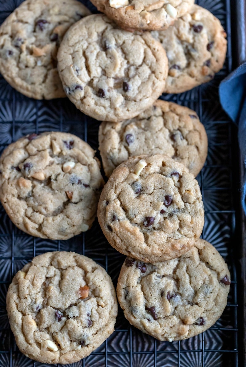 Stacked peanut butter chocolate chip cookies
