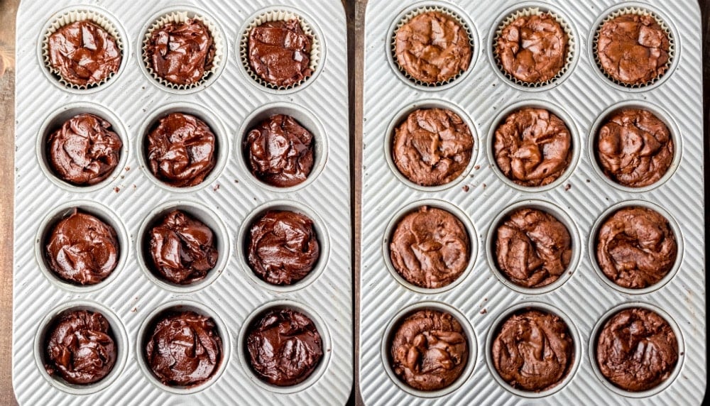 Baked and unbaked brownie bites in a muffin tin