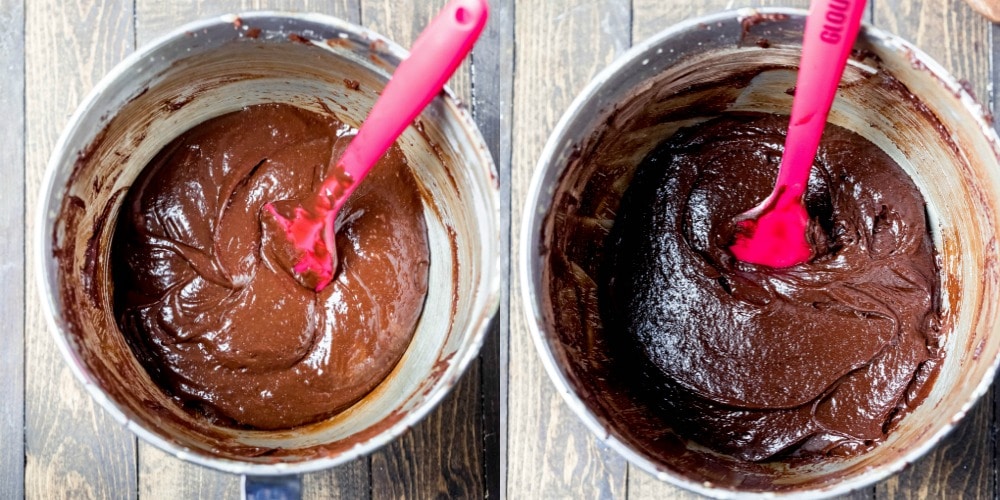 Brownie bite batter in a silver mixing bowl