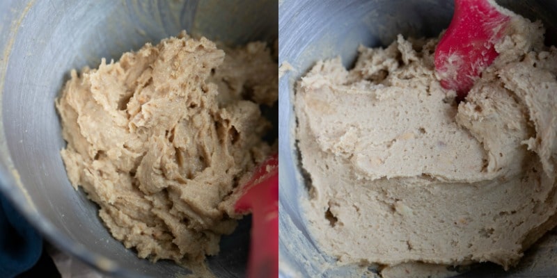 Peanut butter chocolate chip cookie dough in a silver mixing bowl