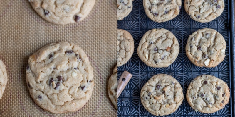 Peanut butter chocolate chip cookies on a baking mat
