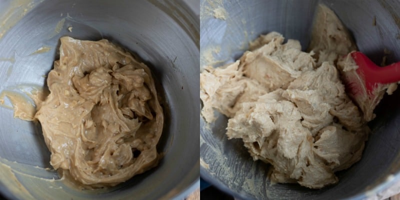 Peanut butter and butter in a mixing bowl for peanut butter chocolate chip cookies