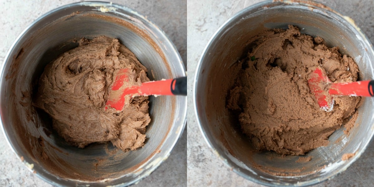 Chocolate chocolate chip pudding cookie dough in a silver mixing bowl