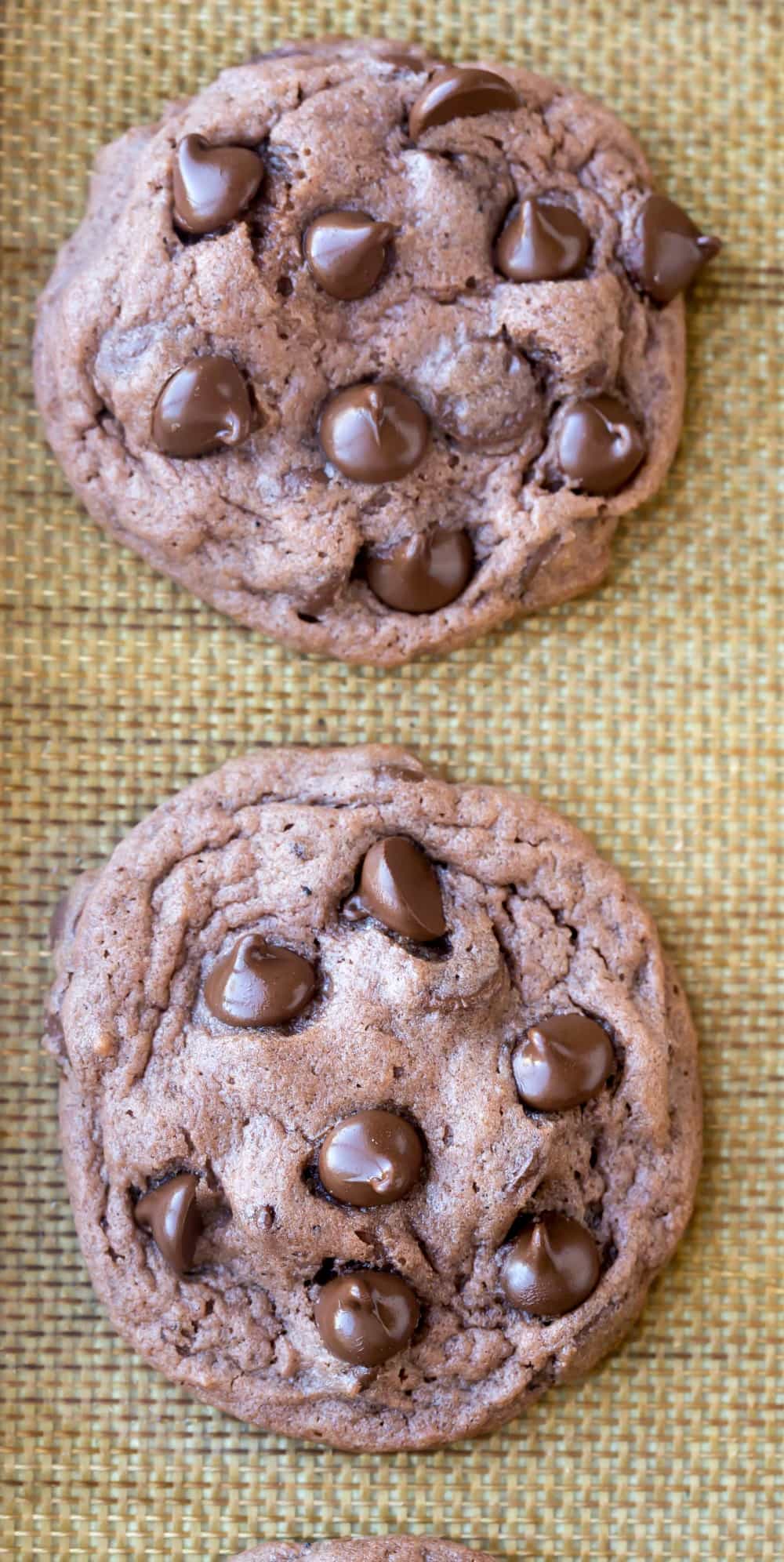 Chocolate Chocolate Chip Pudding Cookies on a baking mat