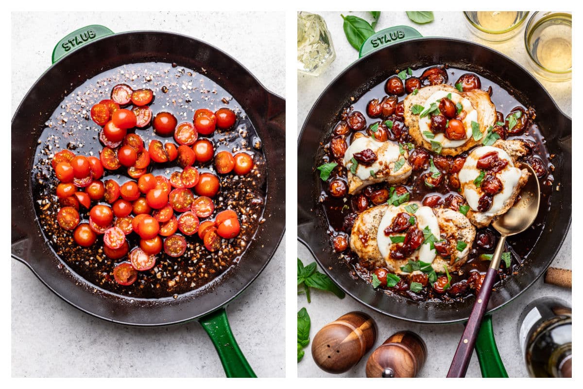 Tomatoes cooking in balsamic vinegar in a skillet next to caprese chicken in a skillet. 
