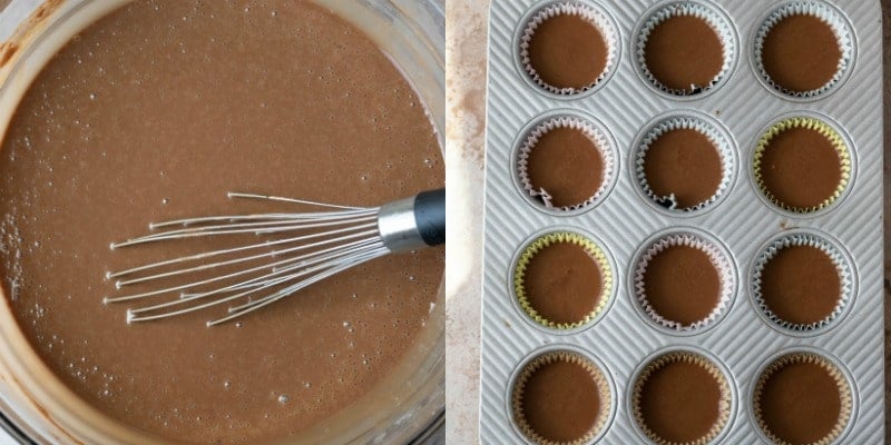 Texas sheet cake cupcake batter in cupcake tins