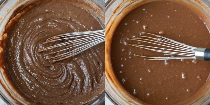 Texas sheet cake batter in a glass mixing bowl