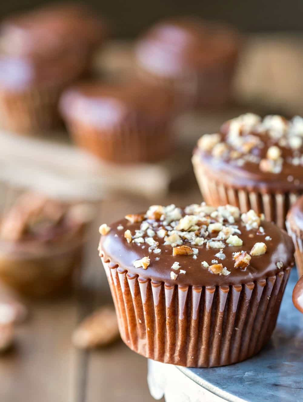 Texas Sheet Cake Cupcakes on a galvanized metal cake stand