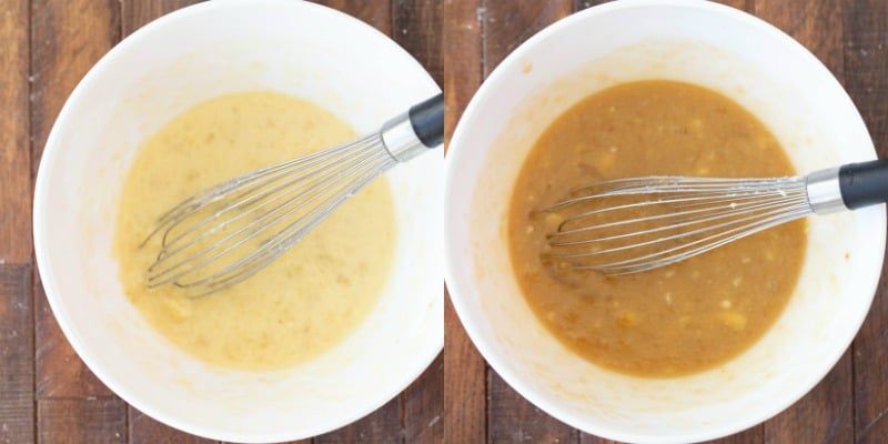 Melted butter and bananas in a bowl for banana bread