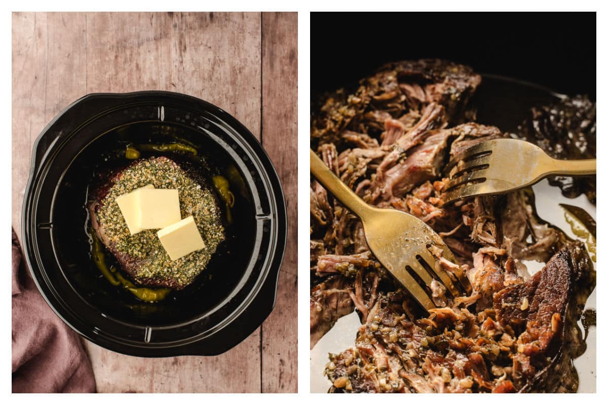 Pats of butter on top of seasoned roast next to two forks shredded meat in a slow cooker.