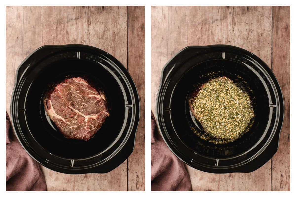 Roast in a slow cooker next to herbs and spices over the pot roast.