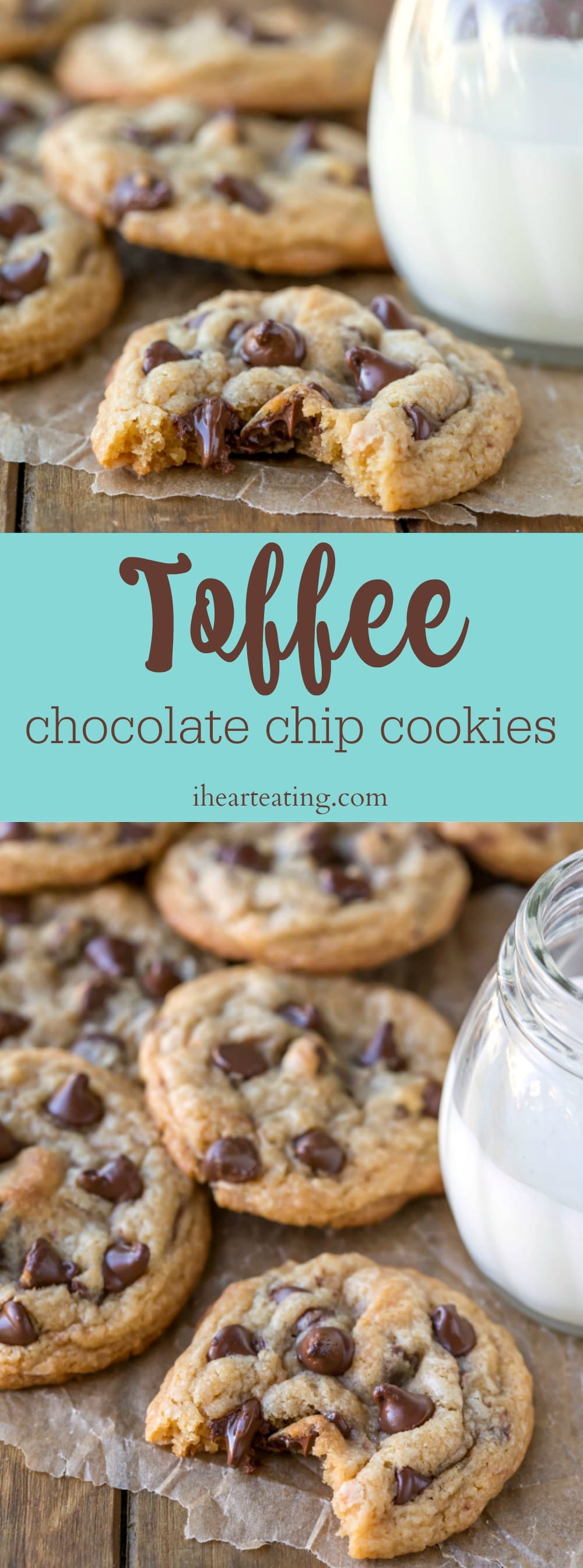 Chewy toffee chocolate chip cookies are packed with toffee pieces and chocolate chips. Easy, no mixer chocolate chip cookie recipe!