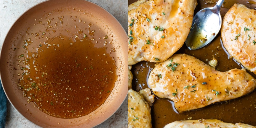 Glazed maple mustard chicken in a copper skillet