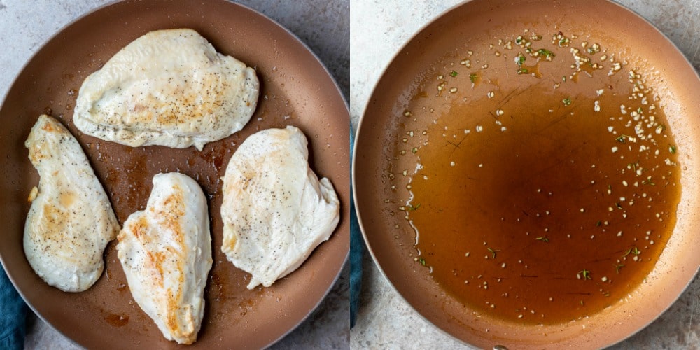 Browned chicken in a copper skillet