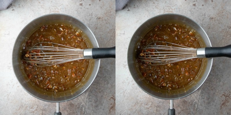 Pecan pie brownie topping in a saucepan