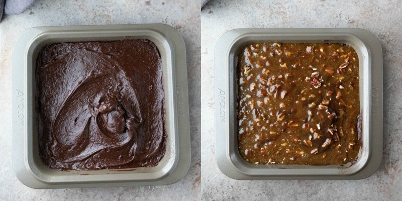 Pecan pie brownie batter in a silver pan