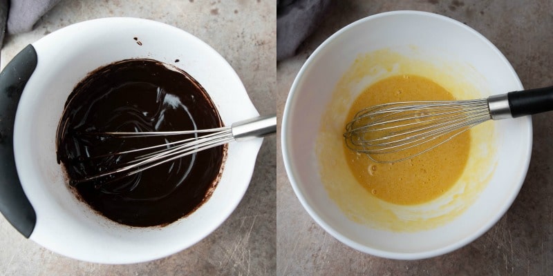 Melted chocolate in a white mixing bowl