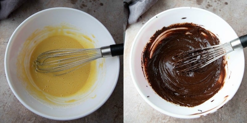 Pecan pie brownie batter in a white mixing bowl
